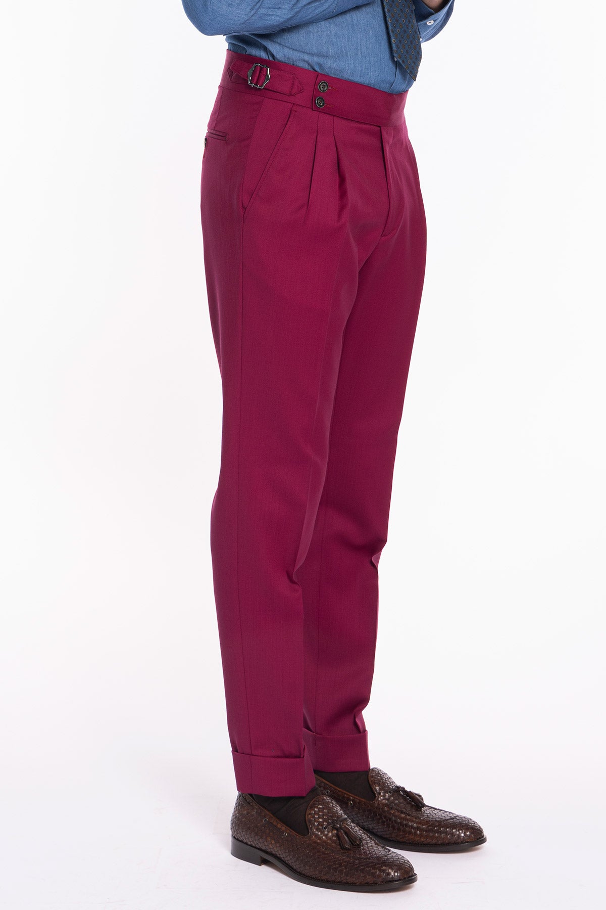 Pantalone uomo color fragola in fresco lana super 130's Bristol tessuti Napoli vita alta con fibbie laterali