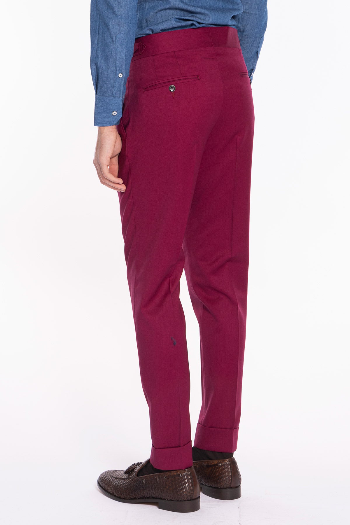 Pantalone uomo color fragola in fresco lana super 130's Bristol tessuti Napoli vita alta con fibbie laterali