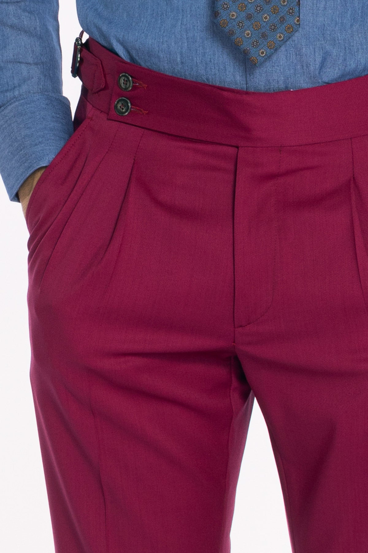 Pantalone uomo color fragola in fresco lana super 130's Bristol tessuti Napoli vita alta con fibbie laterali