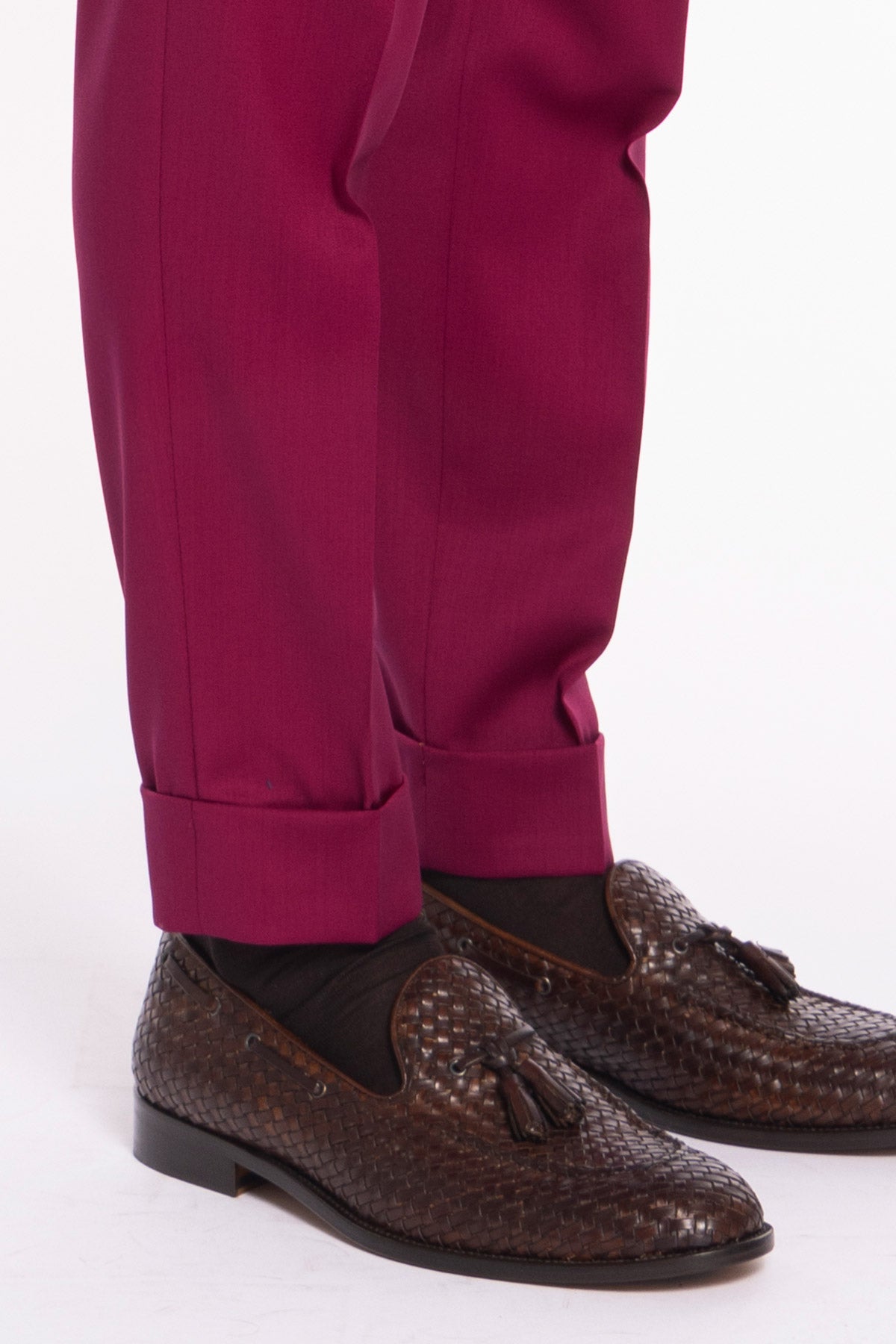 Pantalone uomo color fragola in fresco lana super 130's Bristol tessuti Napoli vita alta con fibbie laterali