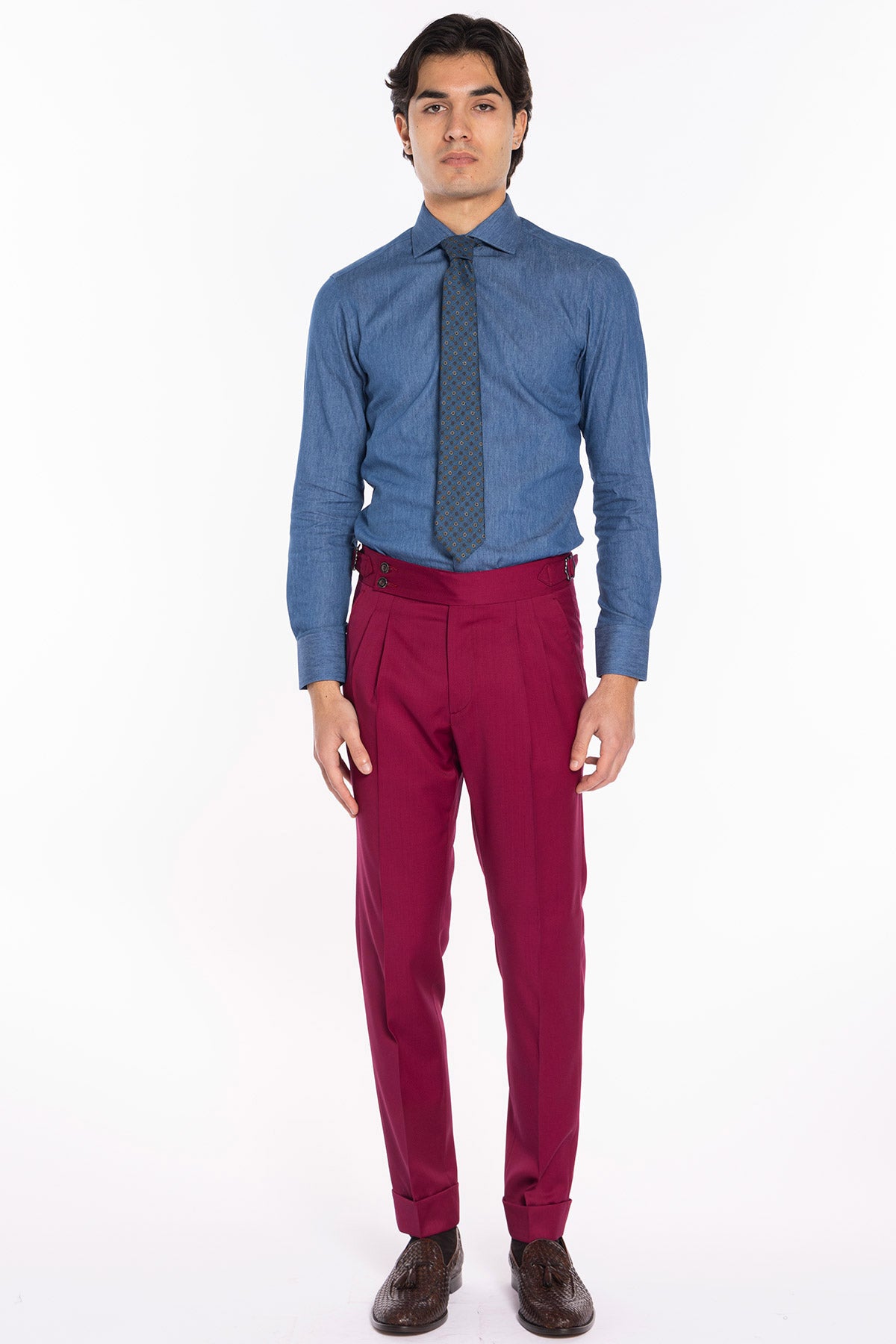 Pantalone uomo color fragola in fresco lana super 130's Bristol tessuti Napoli vita alta con fibbie laterali