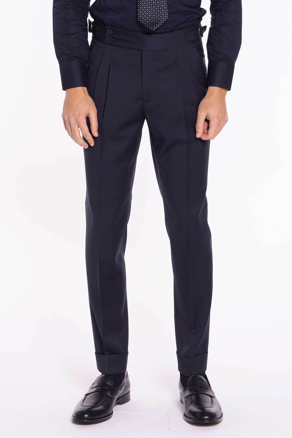 Pantalone uomo blu notte in fresco lana super 130's Bristol tessuti Napoli vita alta con fibbie laterali