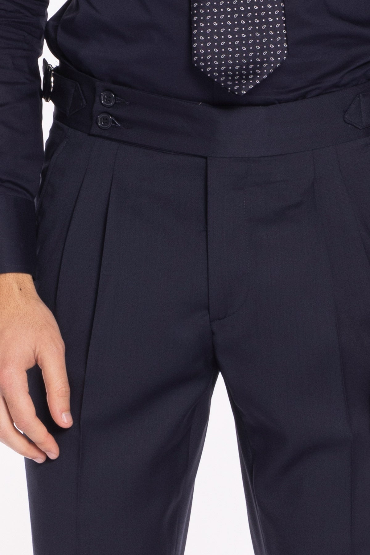 Pantalone uomo blu notte in fresco lana super 130's Bristol tessuti Napoli vita alta con fibbie laterali