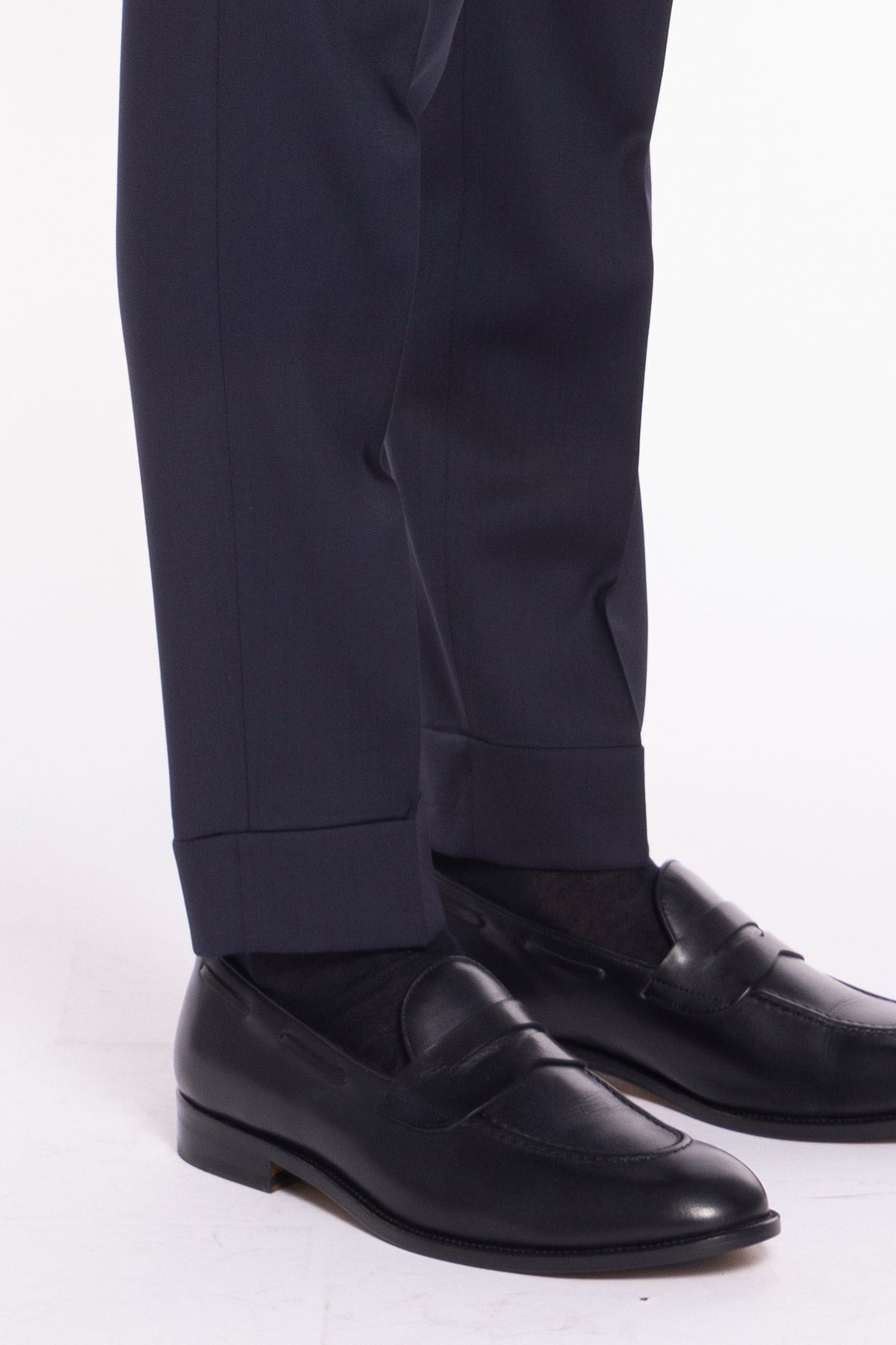Pantalone uomo blu notte in fresco lana super 130's Bristol tessuti Napoli vita alta con fibbie laterali