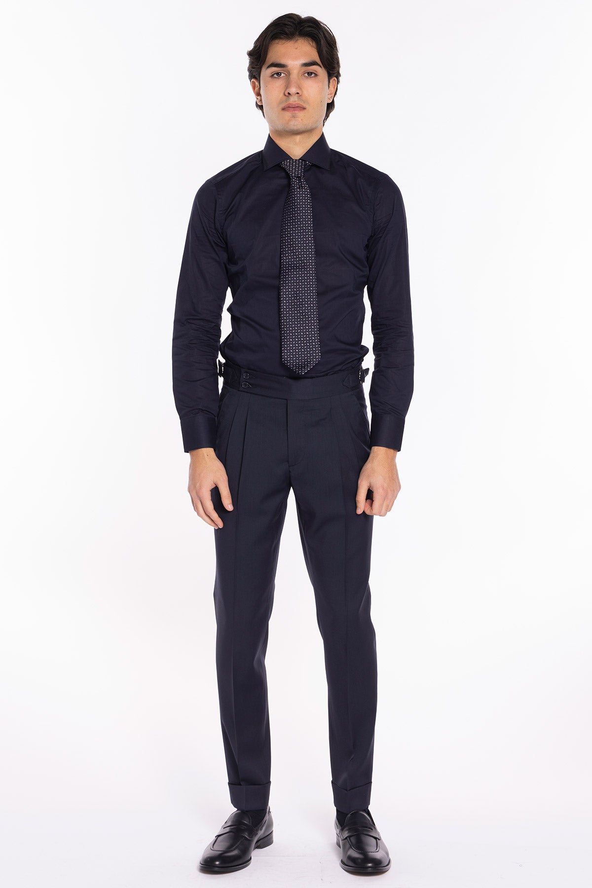 Pantalone uomo blu notte in fresco lana super 130's Bristol tessuti Napoli vita alta con fibbie laterali
