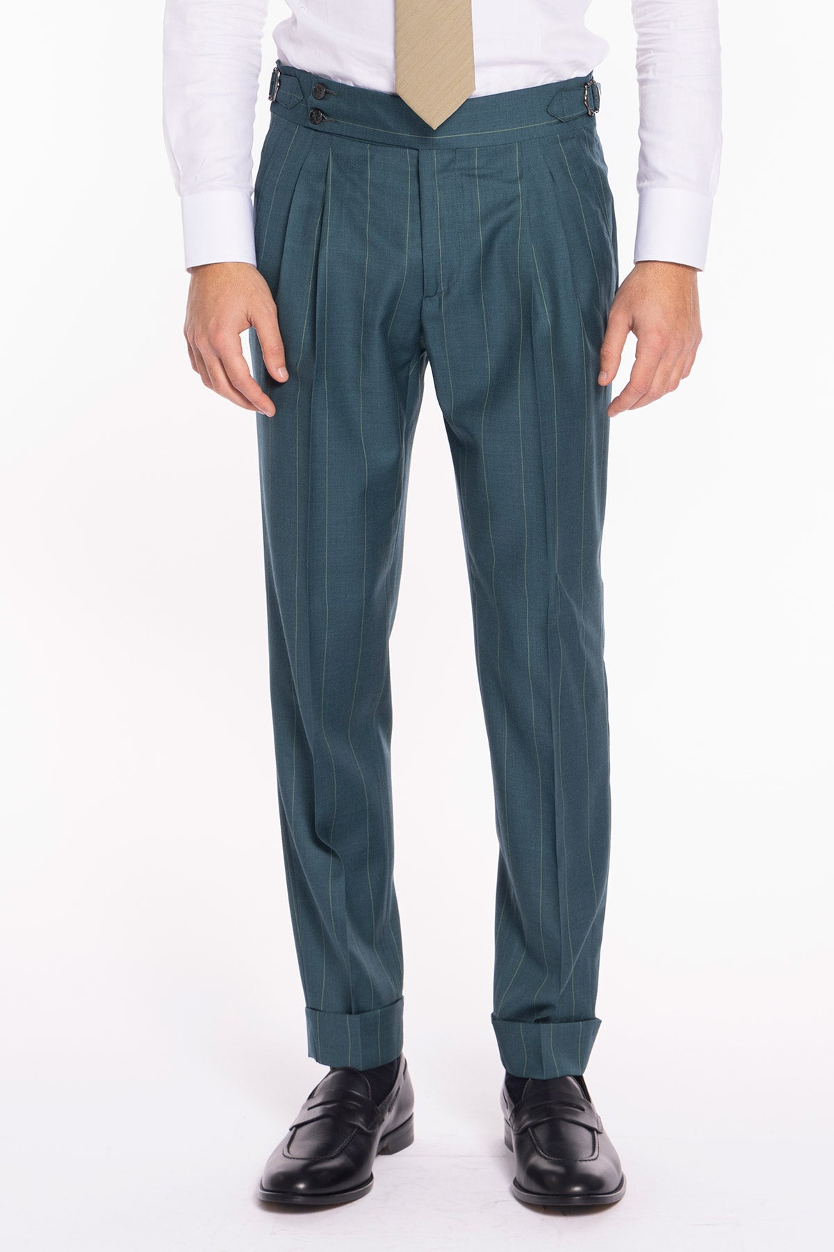 Pantalone uomo verde gessato in fresco lana super 150's Bristol tessuti Napoli vita alta fibbie laterali
