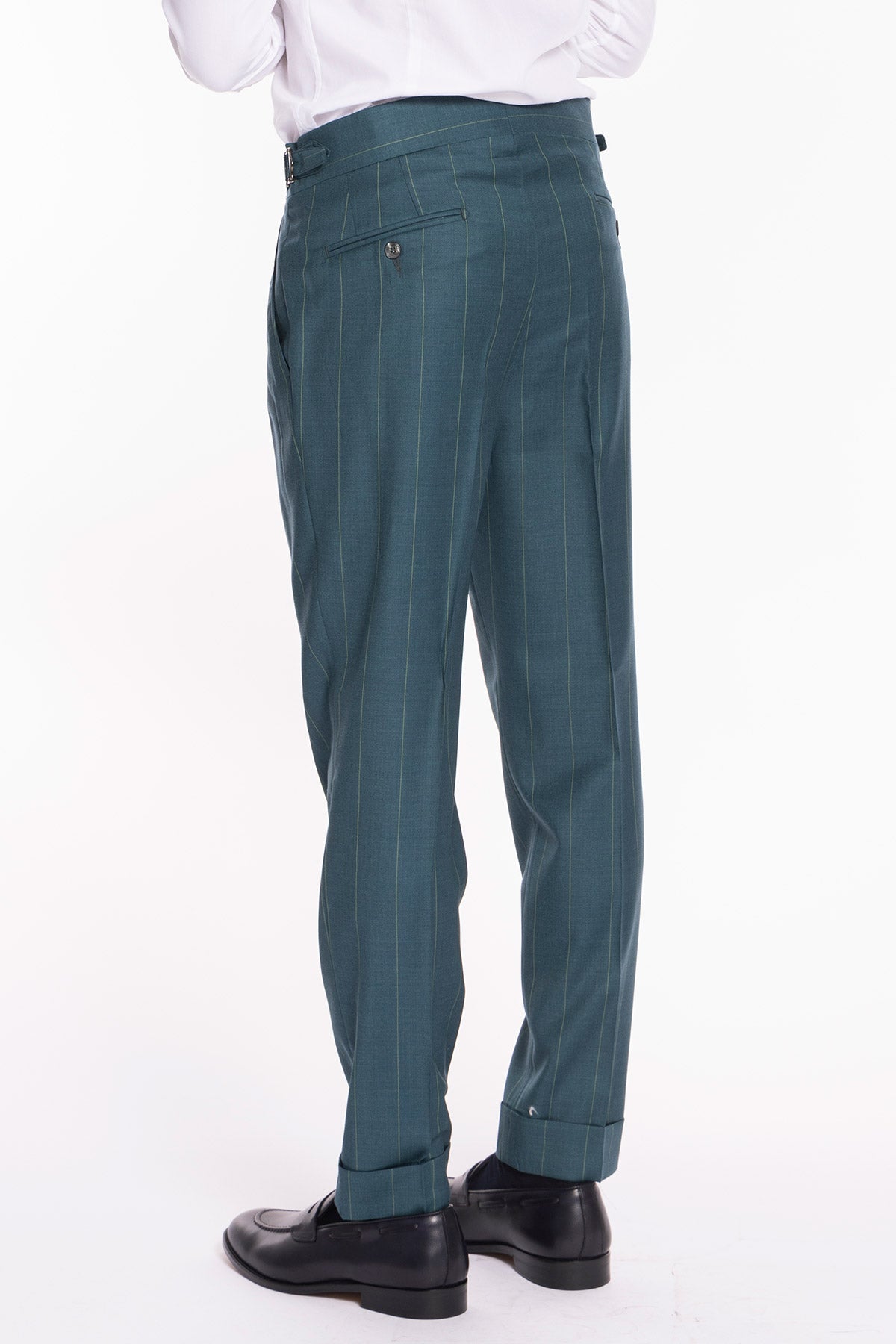 Pantalone uomo verde gessato in fresco lana super 150's Bristol tessuti Napoli vita alta fibbie laterali