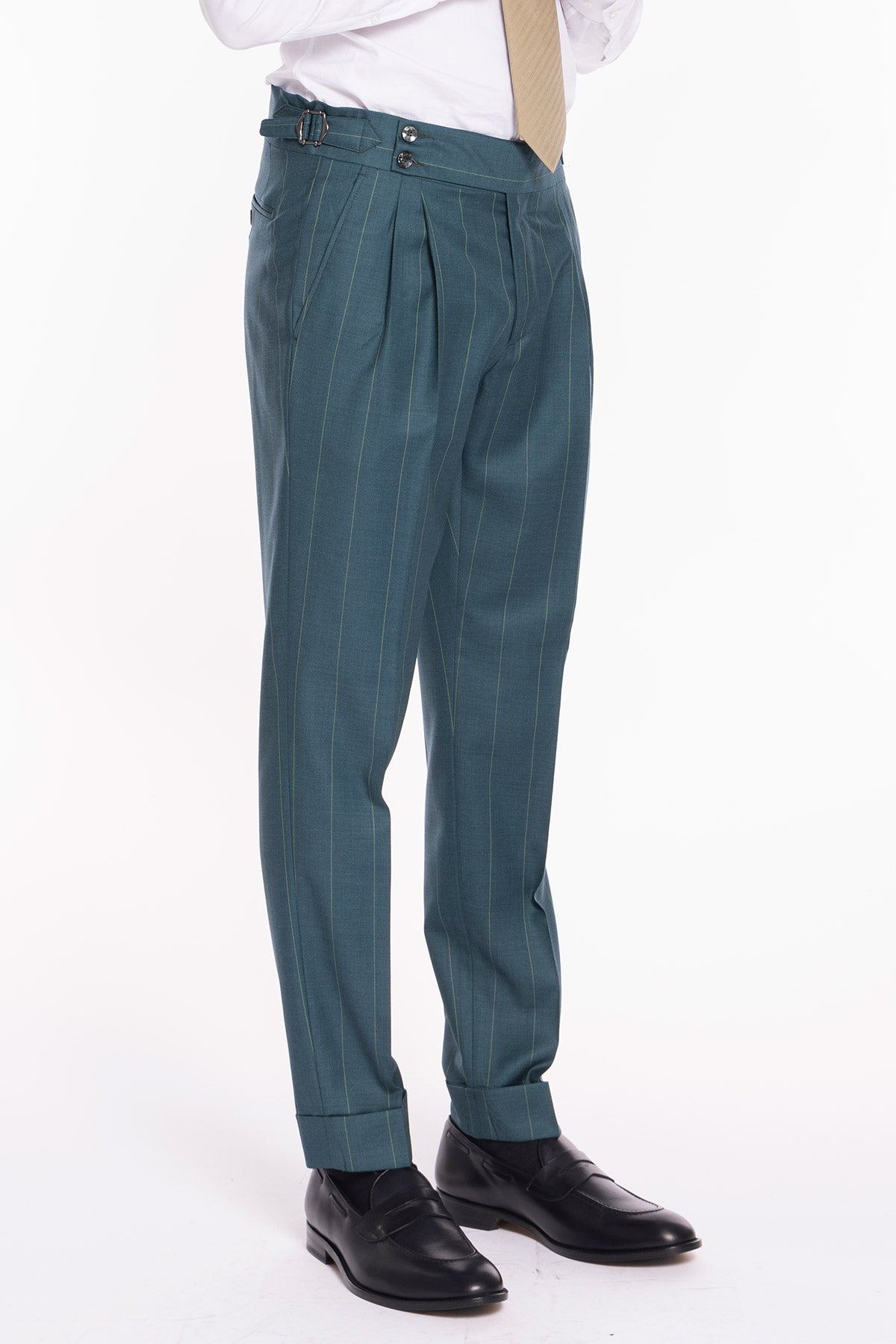 Pantalone uomo verde gessato in fresco lana super 150's Bristol tessuti Napoli vita alta fibbie laterali