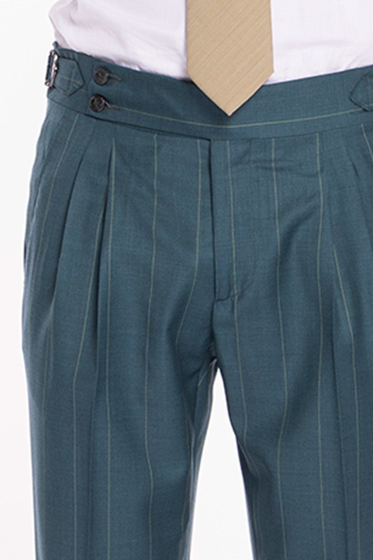 Pantalone uomo verde gessato in fresco lana super 150's Bristol tessuti Napoli vita alta fibbie laterali