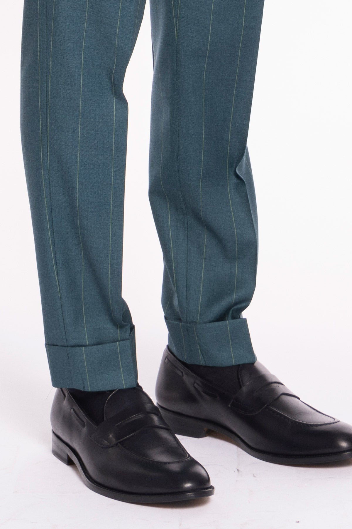 Pantalone uomo verde gessato in fresco lana super 150's Bristol tessuti Napoli vita alta fibbie laterali