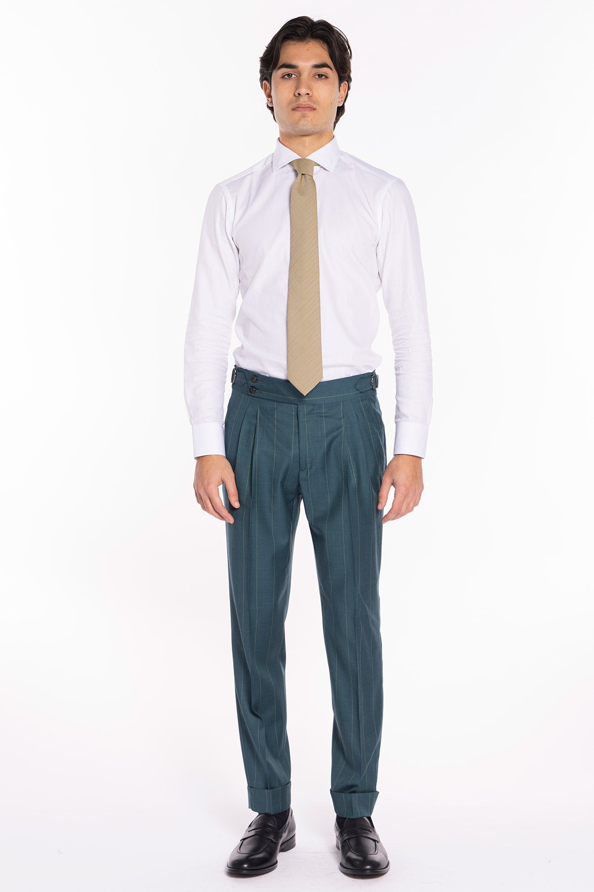 Pantalone uomo verde gessato in fresco lana super 150's Bristol tessuti Napoli vita alta fibbie laterali