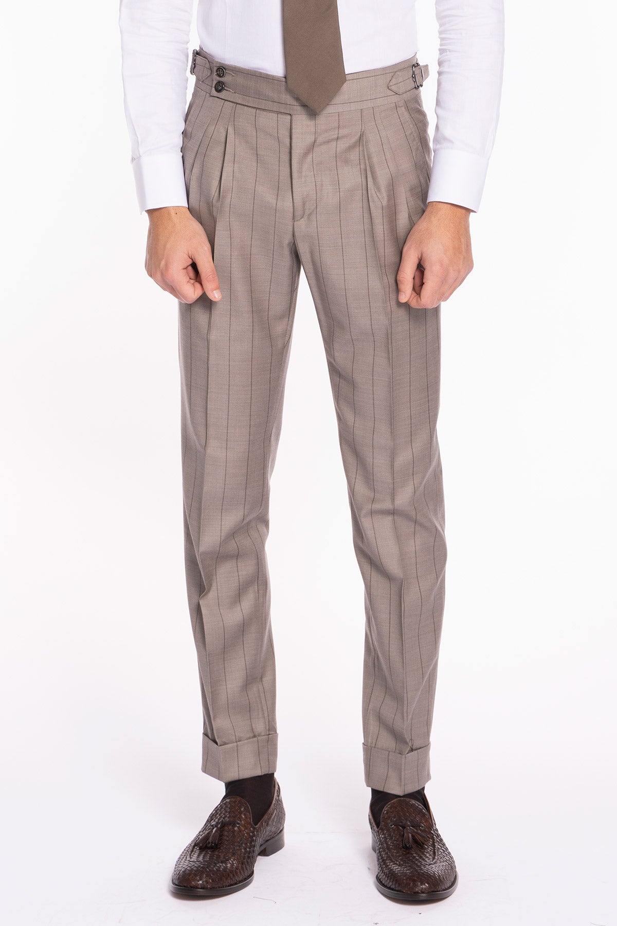 Pantalone uomo beige gessato in fresco lana super 150's Bristol tessuti Napoli vita alta con fibbie laterali