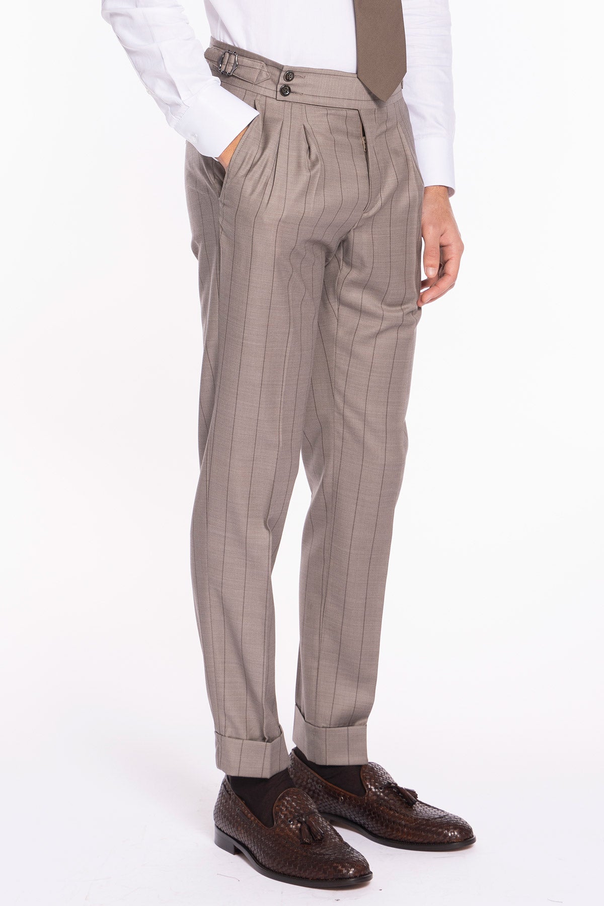 Pantalone uomo beige gessato in fresco lana super 150's Bristol tessuti Napoli vita alta con fibbie laterali