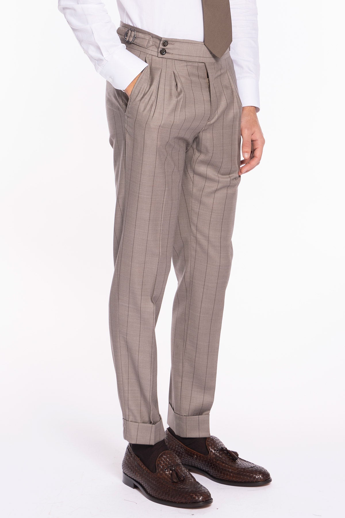 Pantalone uomo beige gessato in fresco lana super 150's Bristol tessuti Napoli vita alta con fibbie laterali