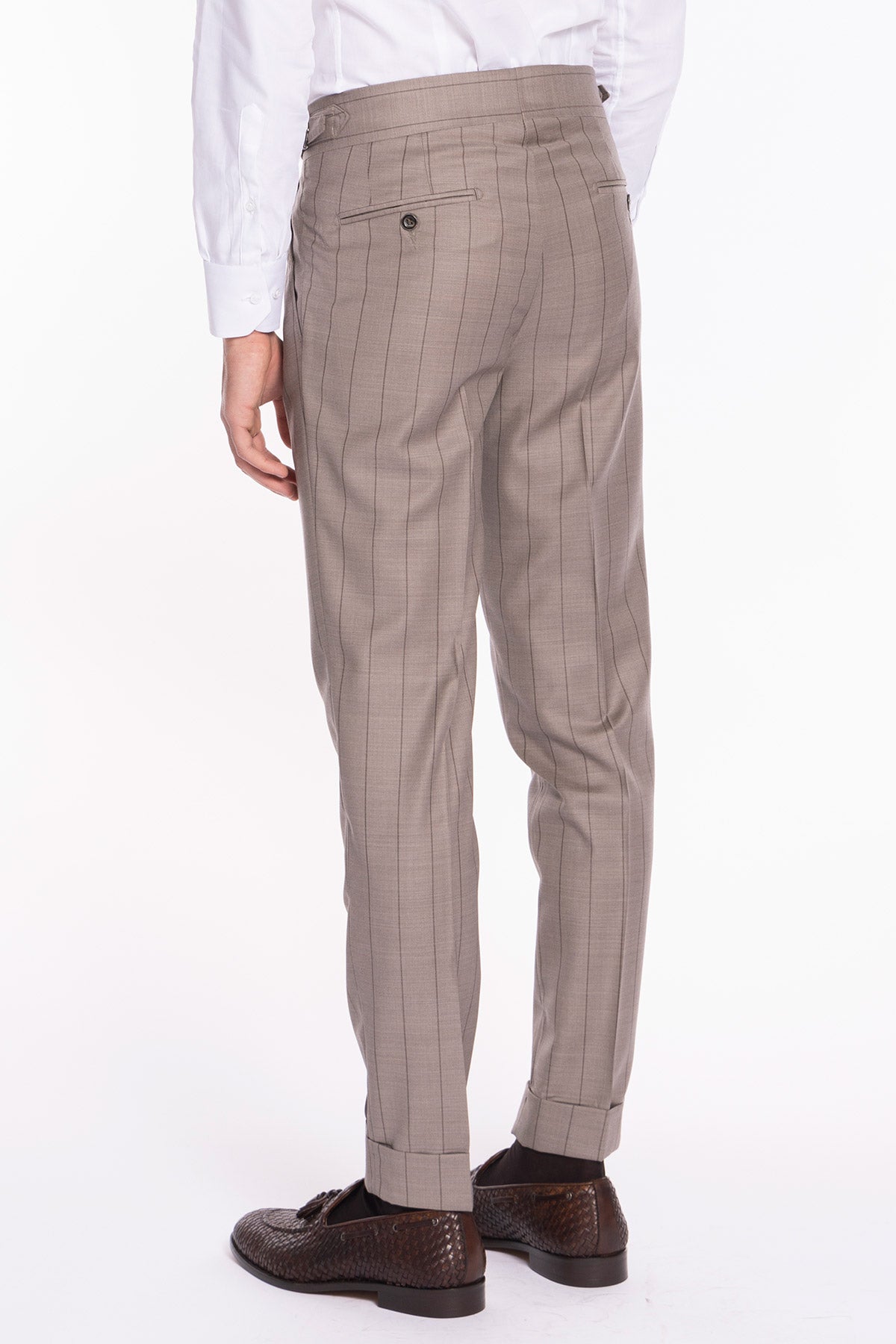 Pantalone uomo beige gessato in fresco lana super 150's Bristol tessuti Napoli vita alta con fibbie laterali