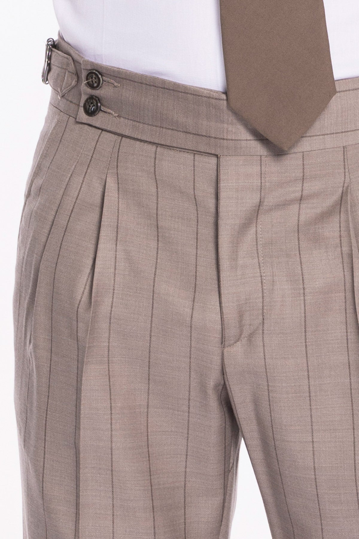 Pantalone uomo beige gessato in fresco lana super 150's Bristol tessuti Napoli vita alta con fibbie laterali