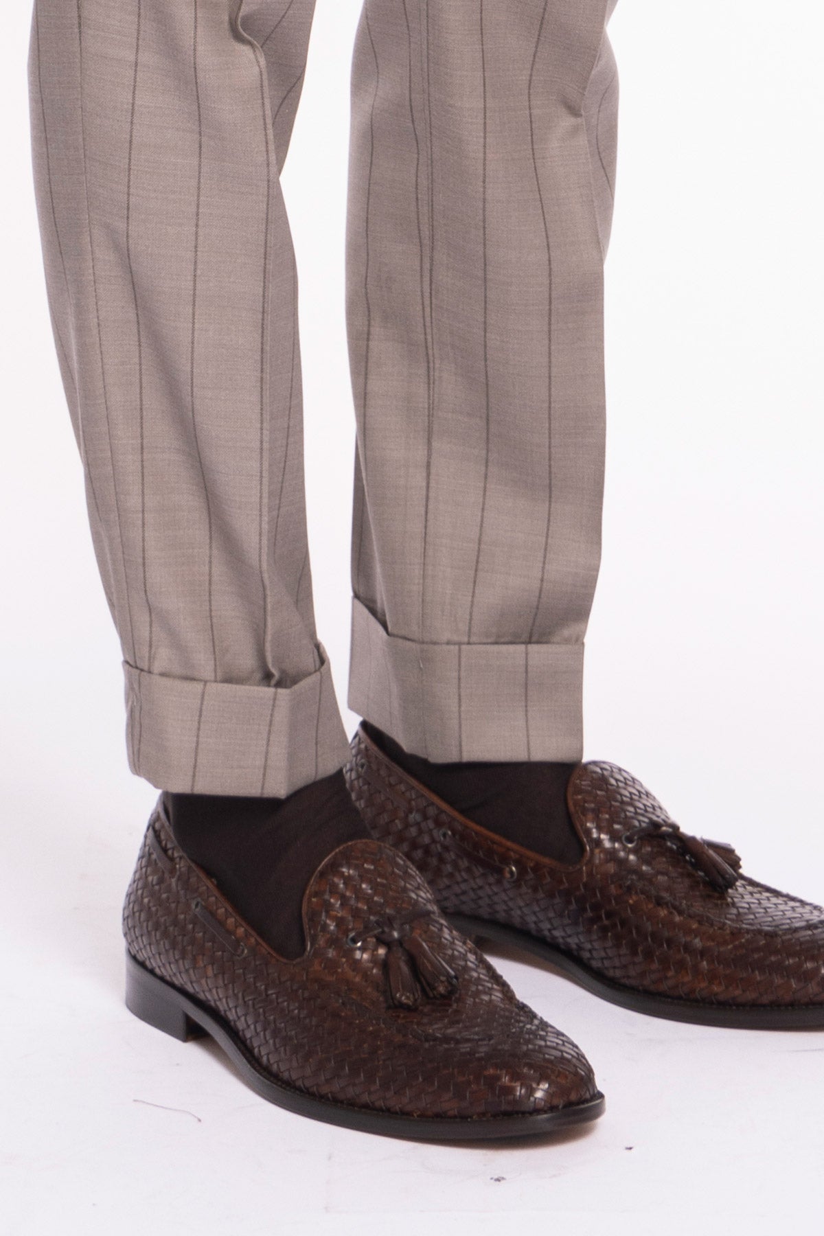 Pantalone uomo beige gessato in fresco lana super 150's Bristol tessuti Napoli vita alta con fibbie laterali