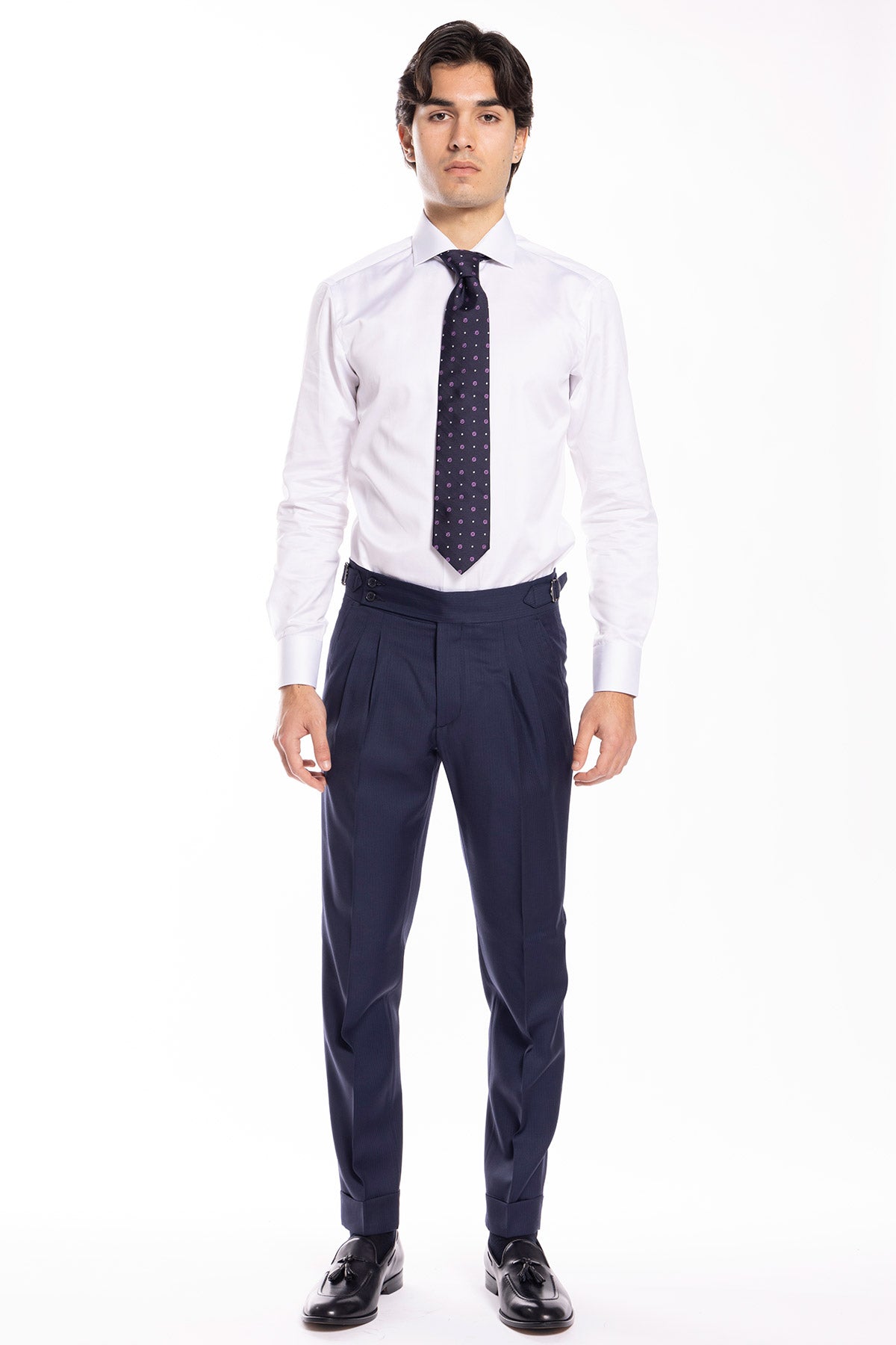 Pantalone uomo blu notte spigato in fresco lana super 130's Bristol tessuti Napoli vita alta con fibbie laterali