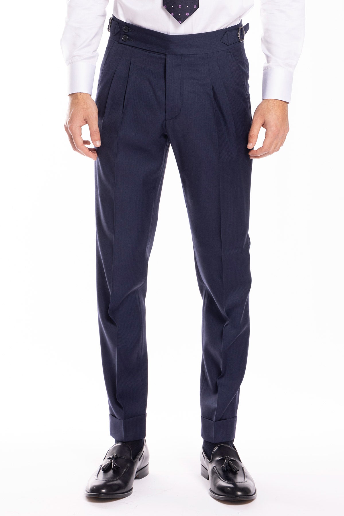 Pantalone uomo blu notte spigato in fresco lana super 130's Bristol tessuti Napoli vita alta con fibbie laterali