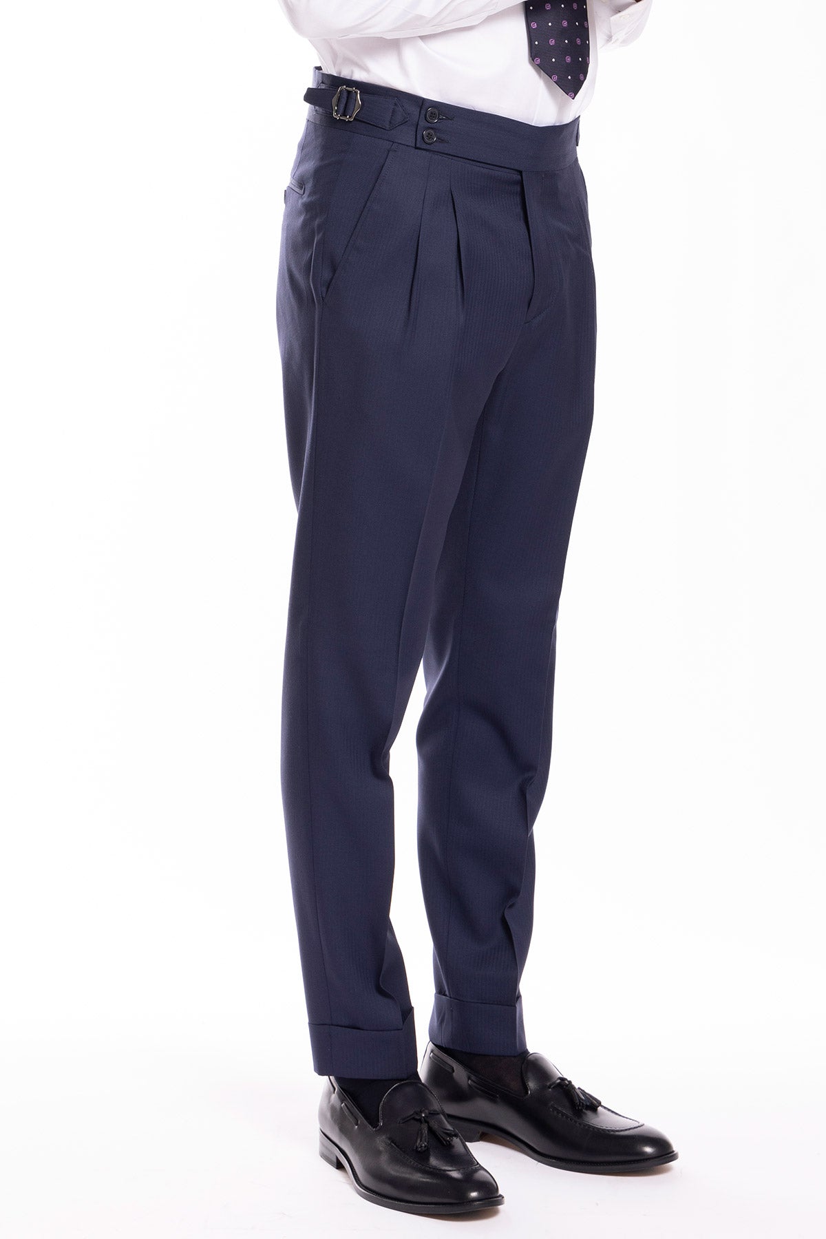 Pantalone uomo blu notte spigato in fresco lana super 130's Bristol tessuti Napoli vita alta con fibbie laterali