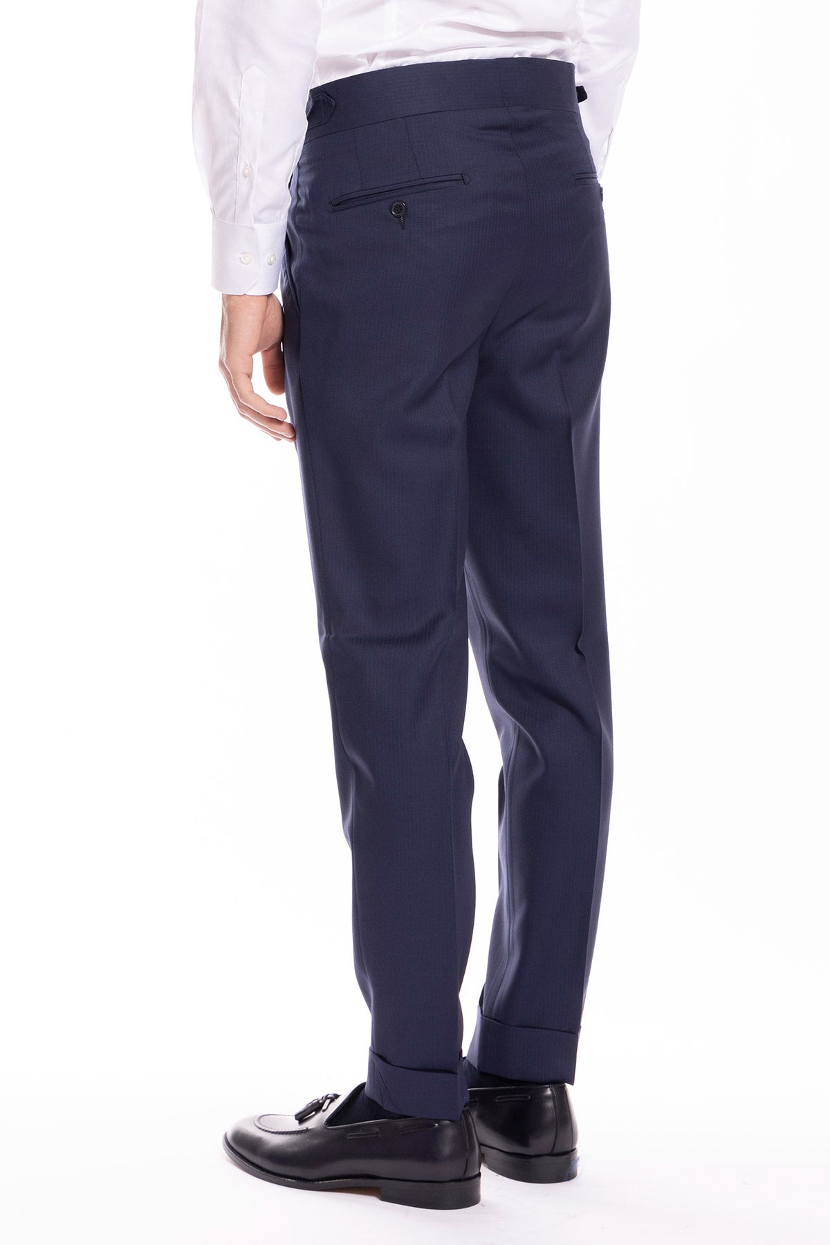 Pantalone uomo blu notte spigato in fresco lana super 130's Bristol tessuti Napoli vita alta con fibbie laterali