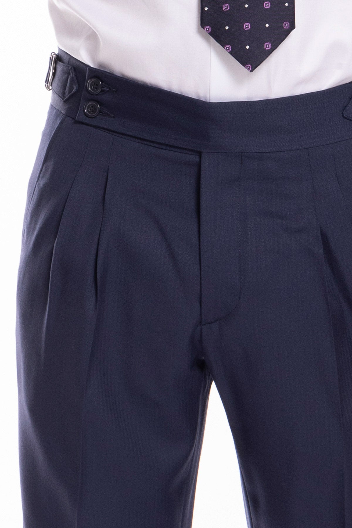 Pantalone uomo blu notte spigato in fresco lana super 130's Bristol tessuti Napoli vita alta con fibbie laterali