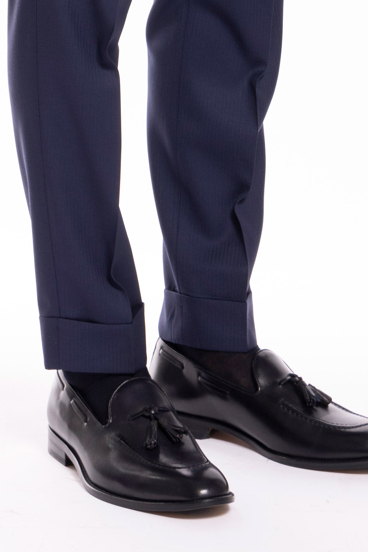 Pantalone uomo blu notte spigato in fresco lana super 130's Bristol tessuti Napoli vita alta con fibbie laterali