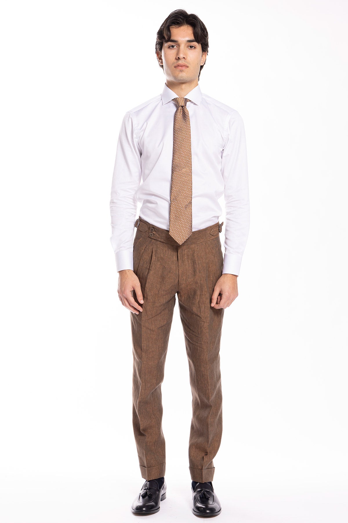 Pantalone uomo marrone 100% lino  Bristol tessuti Napoli vita alta con fibbie laterali