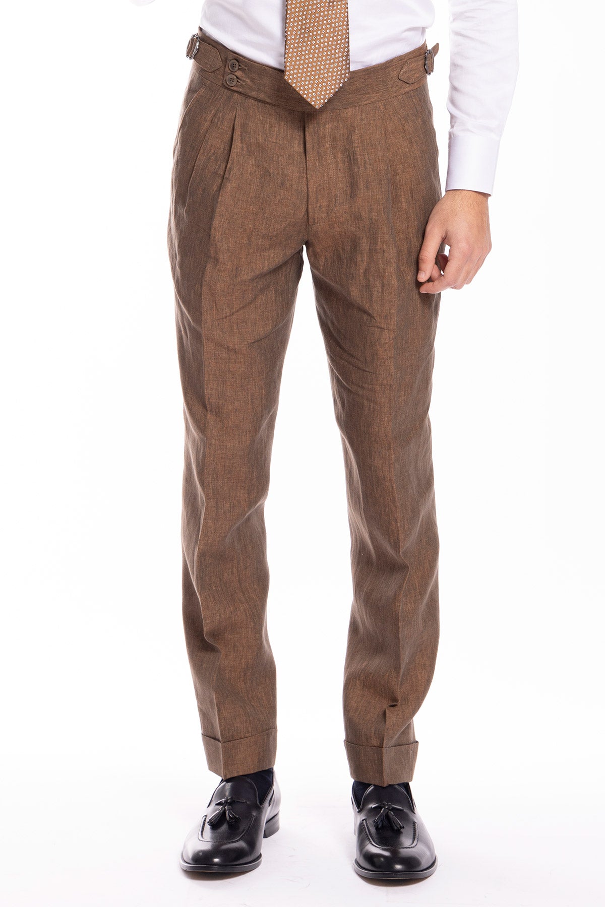 Pantalone uomo marrone 100% lino  Bristol tessuti Napoli vita alta con fibbie laterali