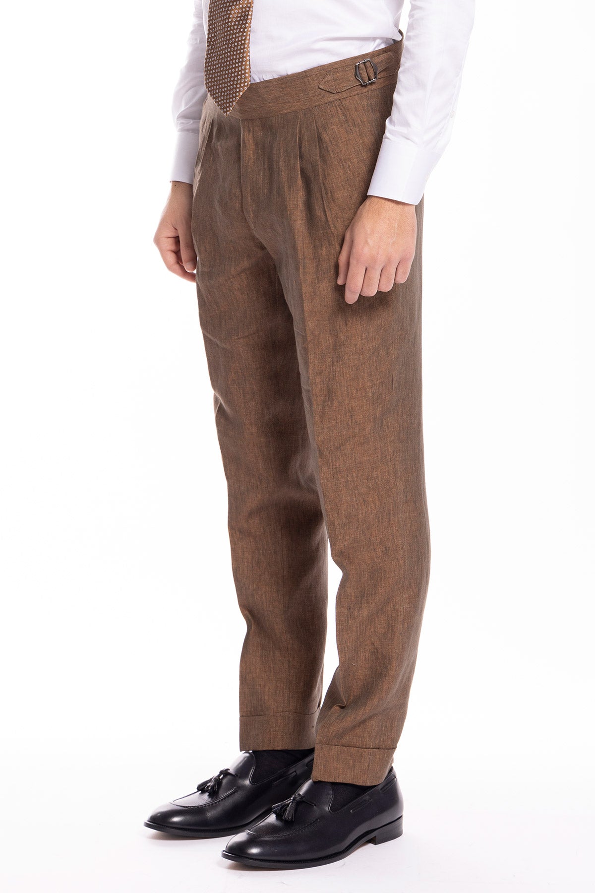 Pantalone uomo marrone 100% lino  Bristol tessuti Napoli vita alta con fibbie laterali