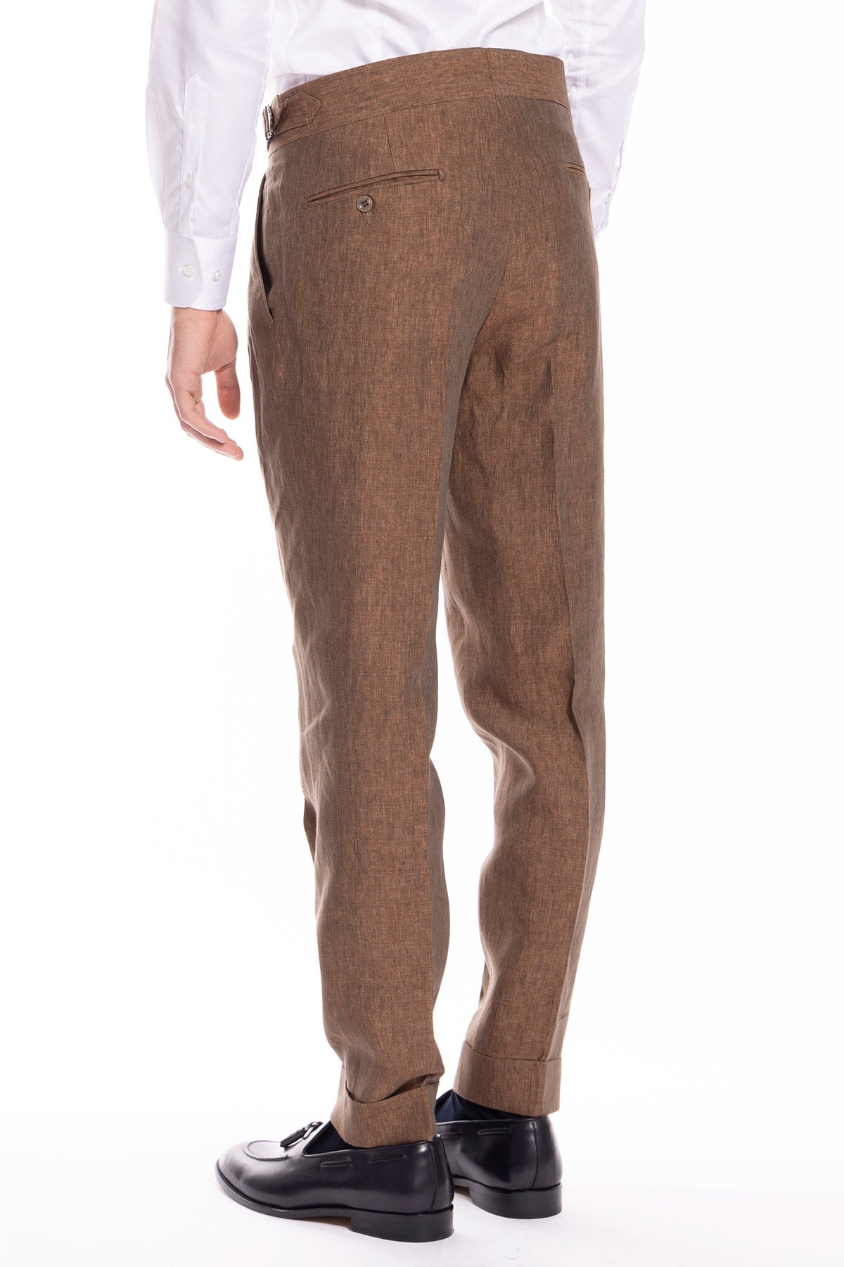 Pantalone uomo marrone 100% lino  Bristol tessuti Napoli vita alta con fibbie laterali