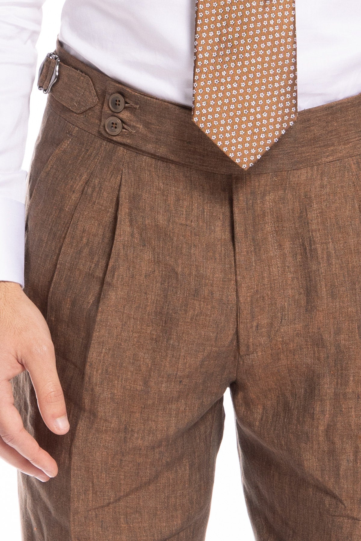 Pantalone uomo marrone 100% lino  Bristol tessuti Napoli vita alta con fibbie laterali