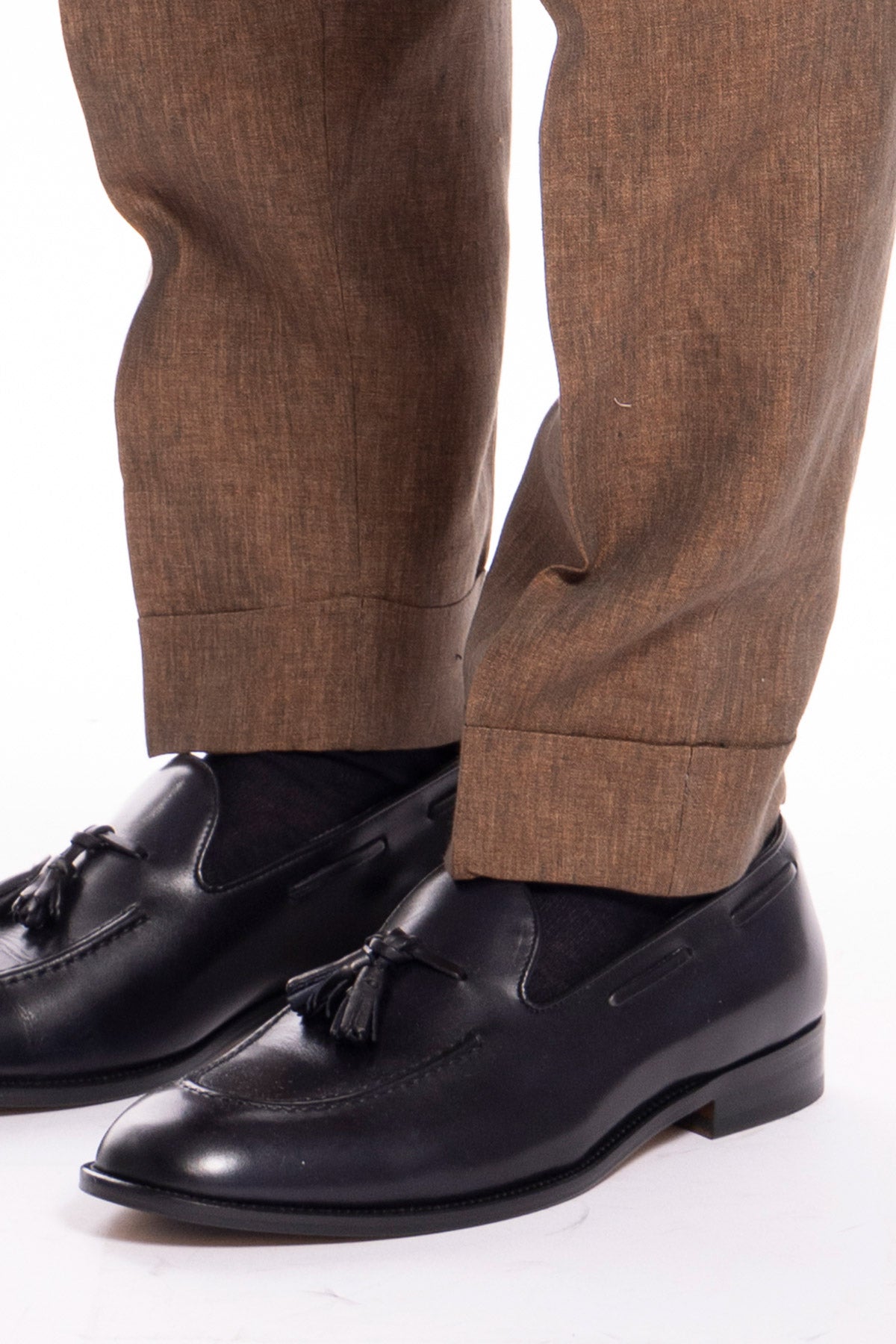Pantalone uomo marrone 100% lino  Bristol tessuti Napoli vita alta con fibbie laterali