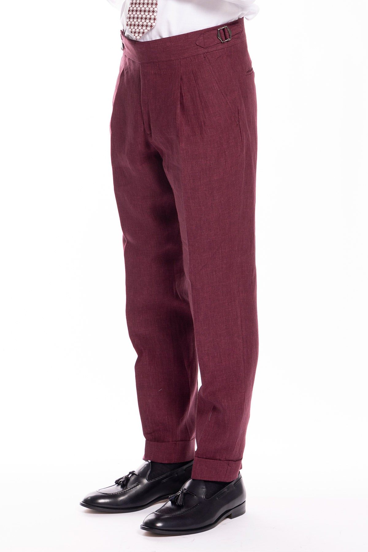Pantalone uomo bordeaux 100% lino  Bristol tessuti Napoli vita alta con fibbie laterali