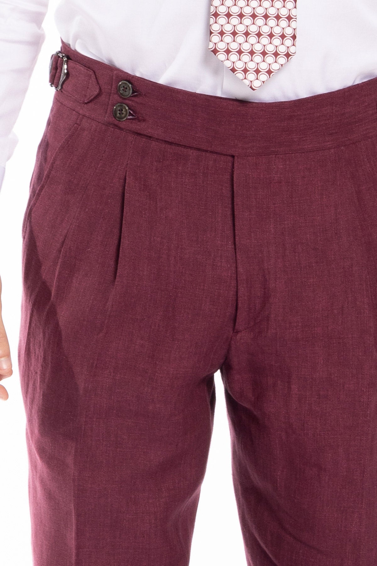 Pantalone uomo bordeaux 100% lino  Bristol tessuti Napoli vita alta con fibbie laterali