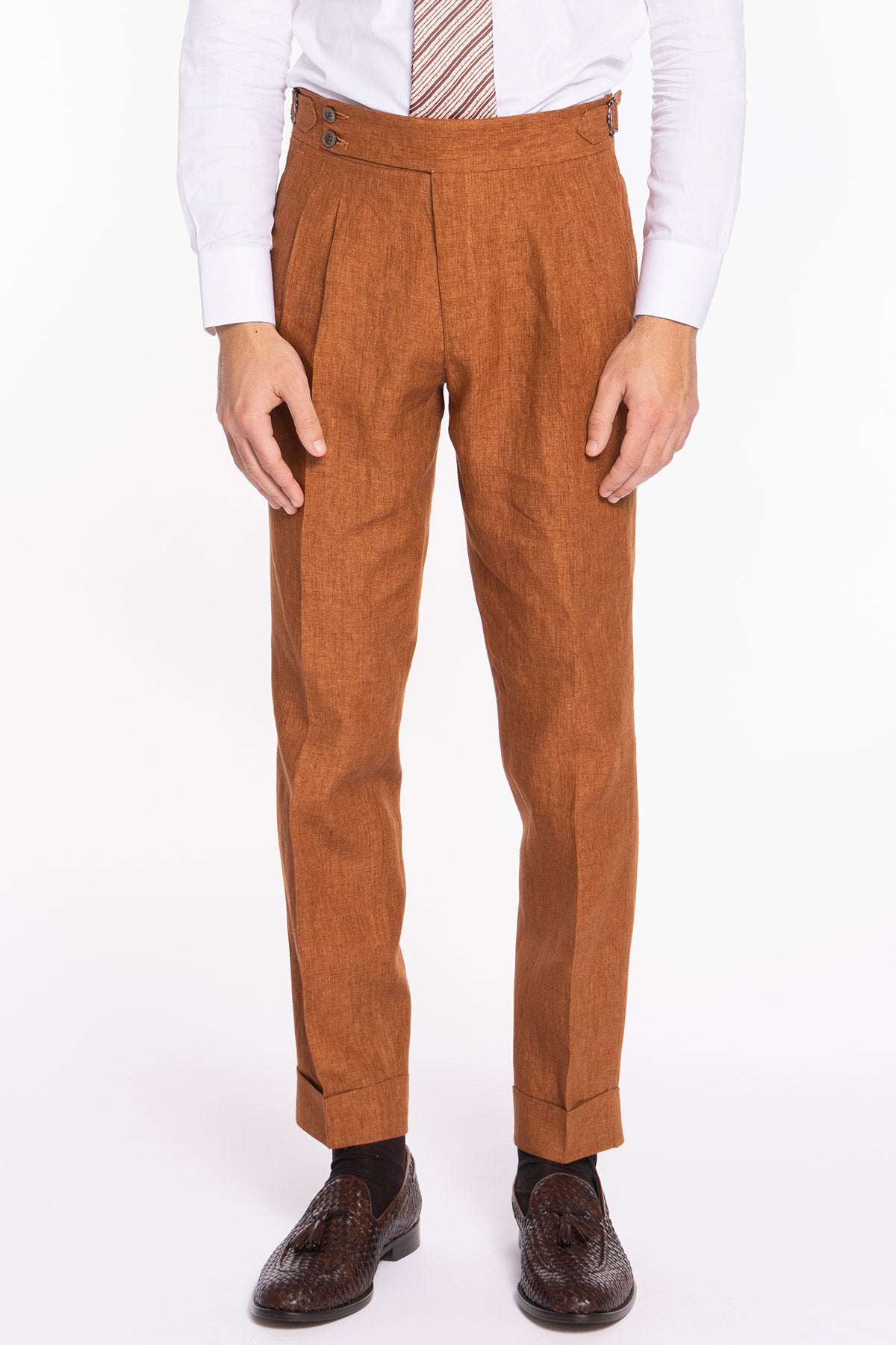 Pantalone uomo arancio 100% lino  Bristol tessuti Napoli vita alta con fibbie laterali
