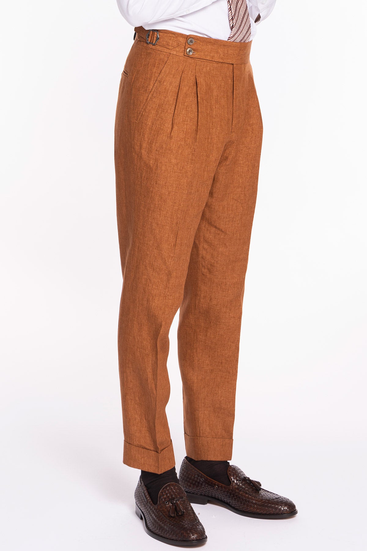 Pantalone uomo arancio 100% lino  Bristol tessuti Napoli vita alta con fibbie laterali