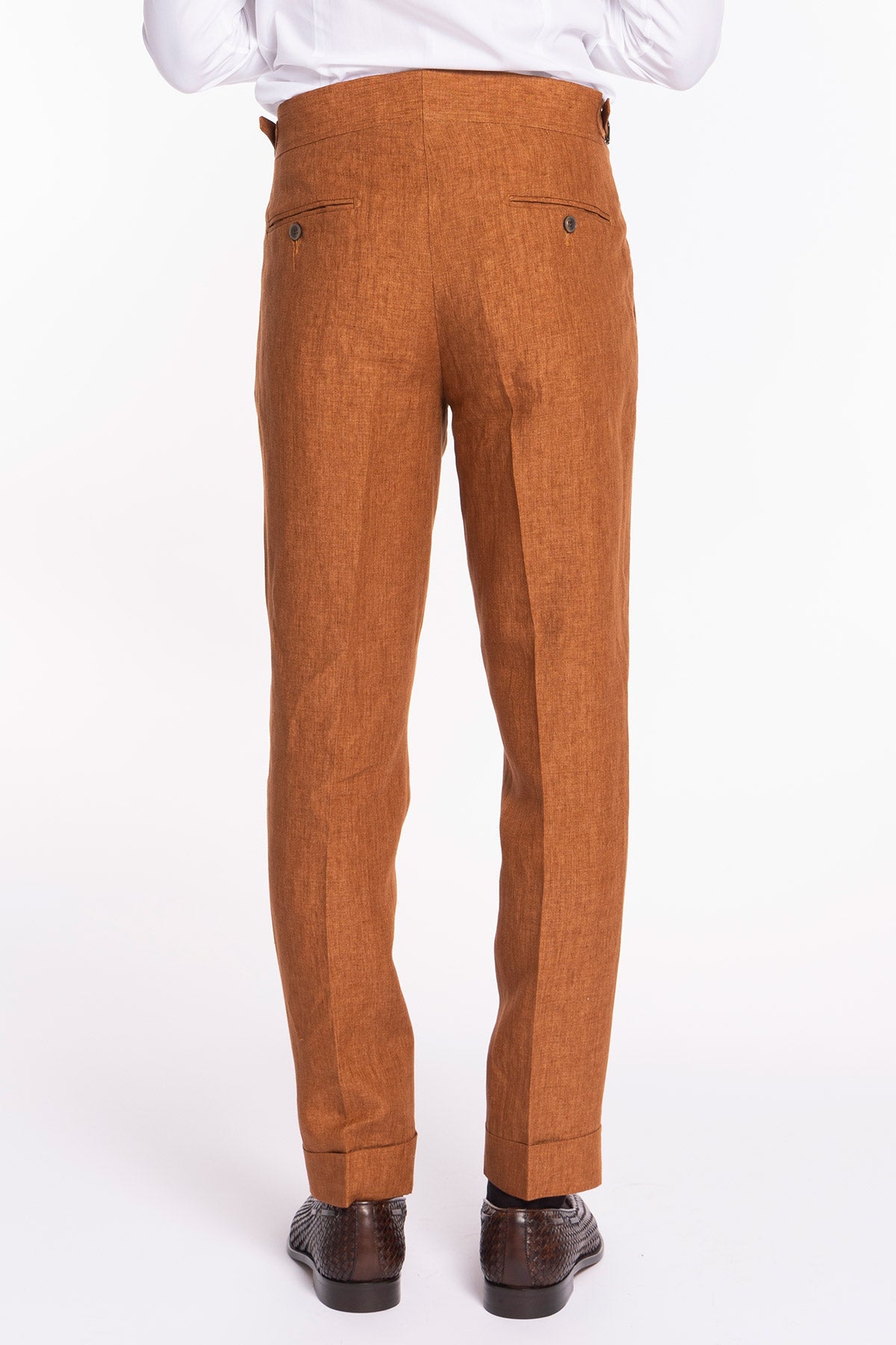 Pantalone uomo arancio 100% lino  Bristol tessuti Napoli vita alta con fibbie laterali