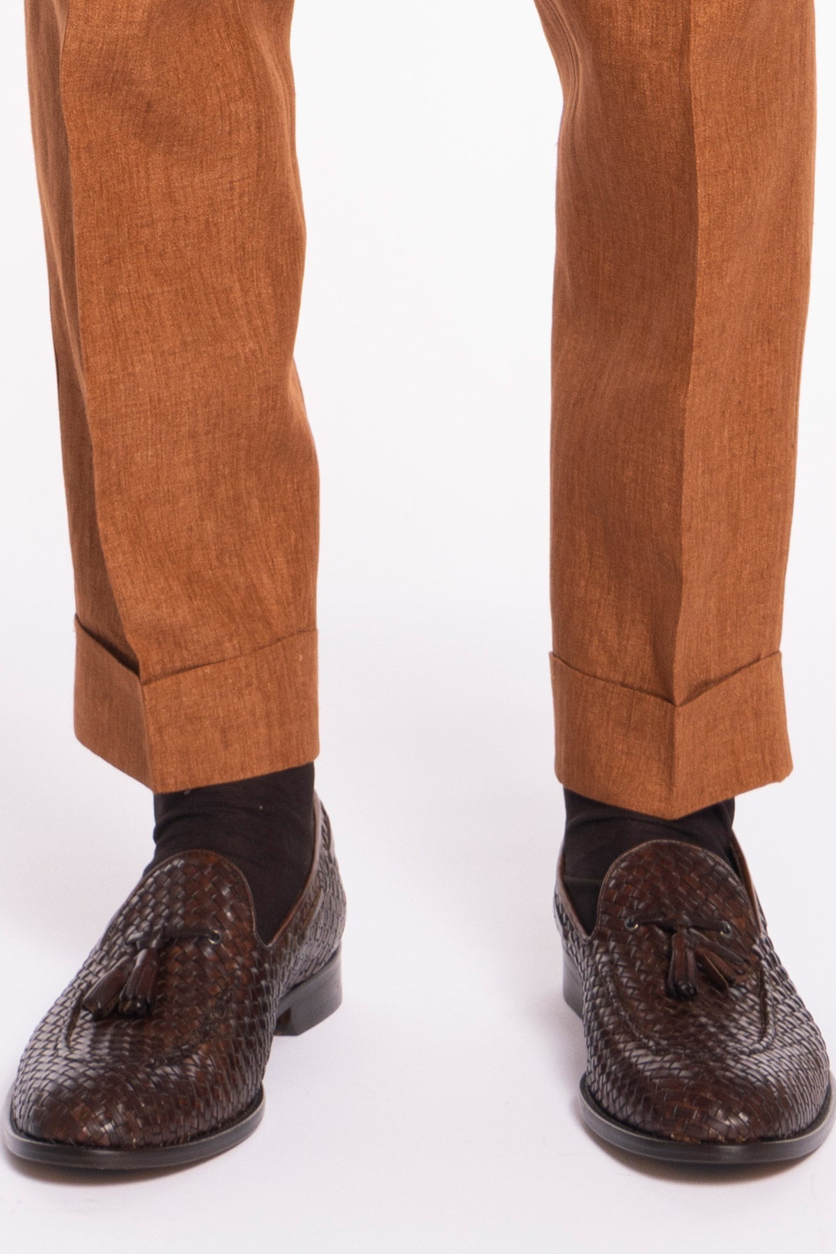 Pantalone uomo arancio 100% lino  Bristol tessuti Napoli vita alta con fibbie laterali