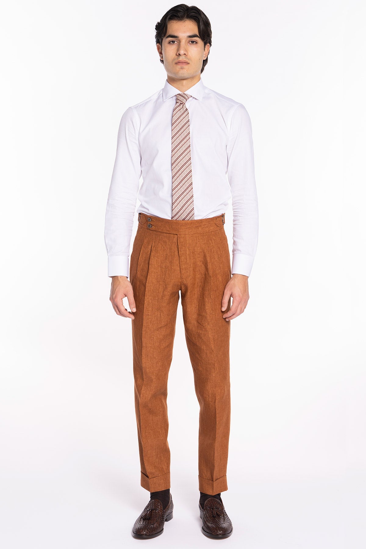 Pantalone uomo arancio 100% lino  Bristol tessuti Napoli vita alta con fibbie laterali