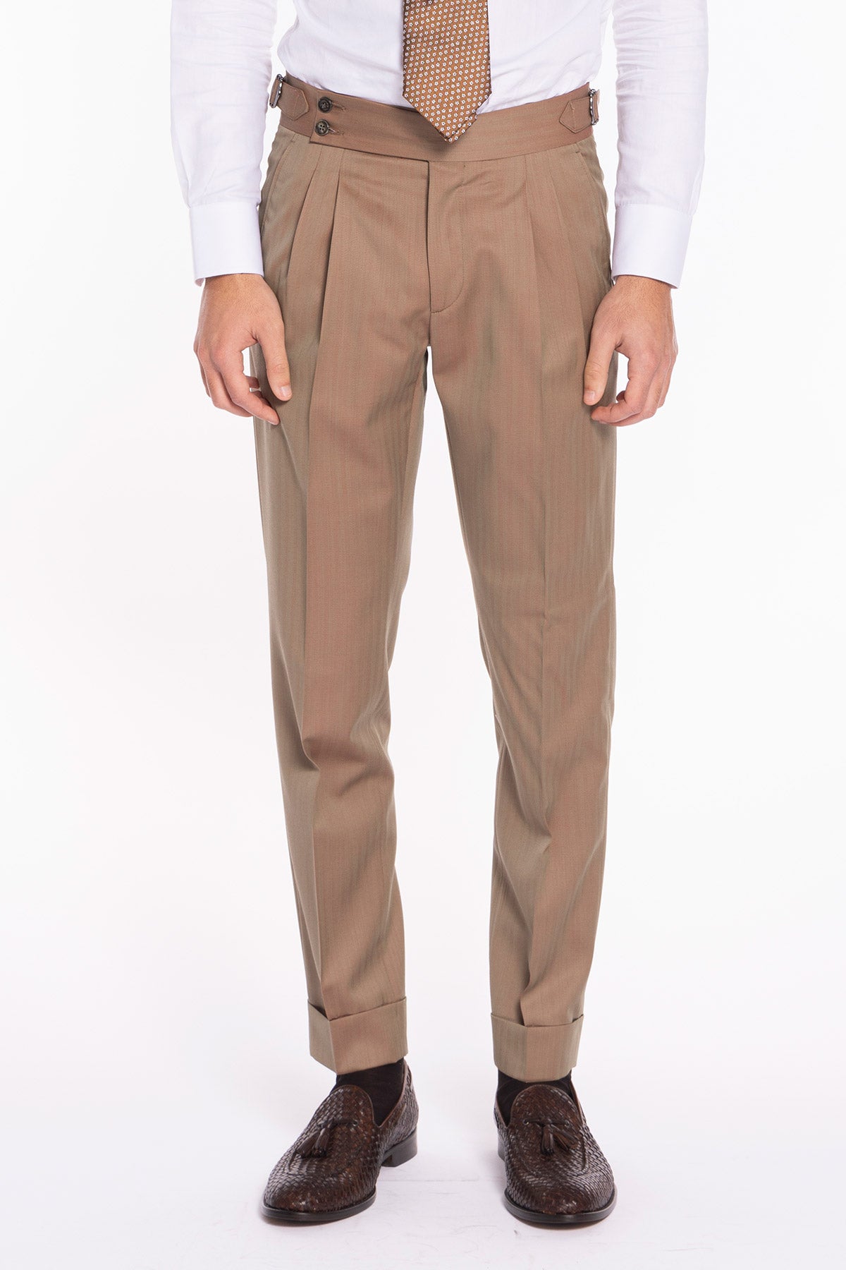 Pantalone uomo fango Solaro in fresco lana al 100% Bristol tessuti Napoli vita alta con fibbie laterali