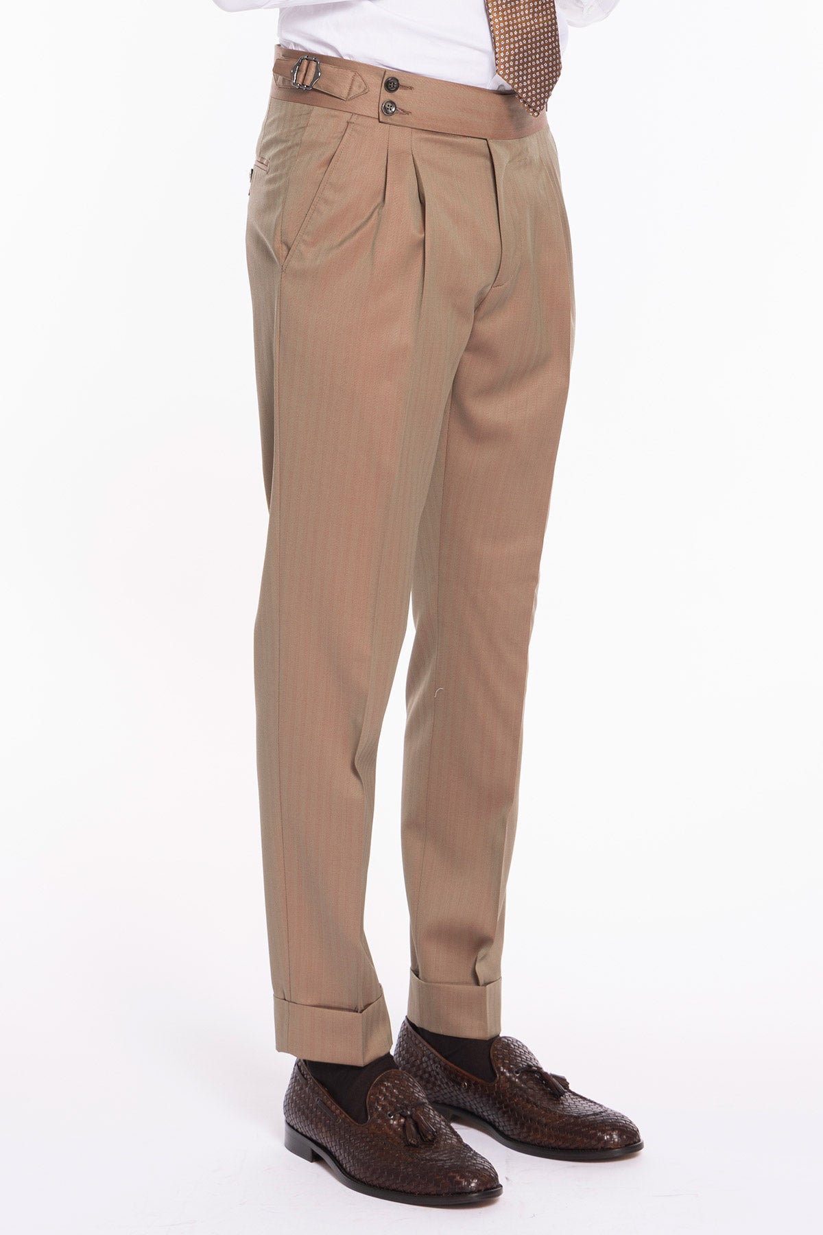 Pantalone uomo fango Solaro in fresco lana al 100% Bristol tessuti Napoli vita alta con fibbie laterali