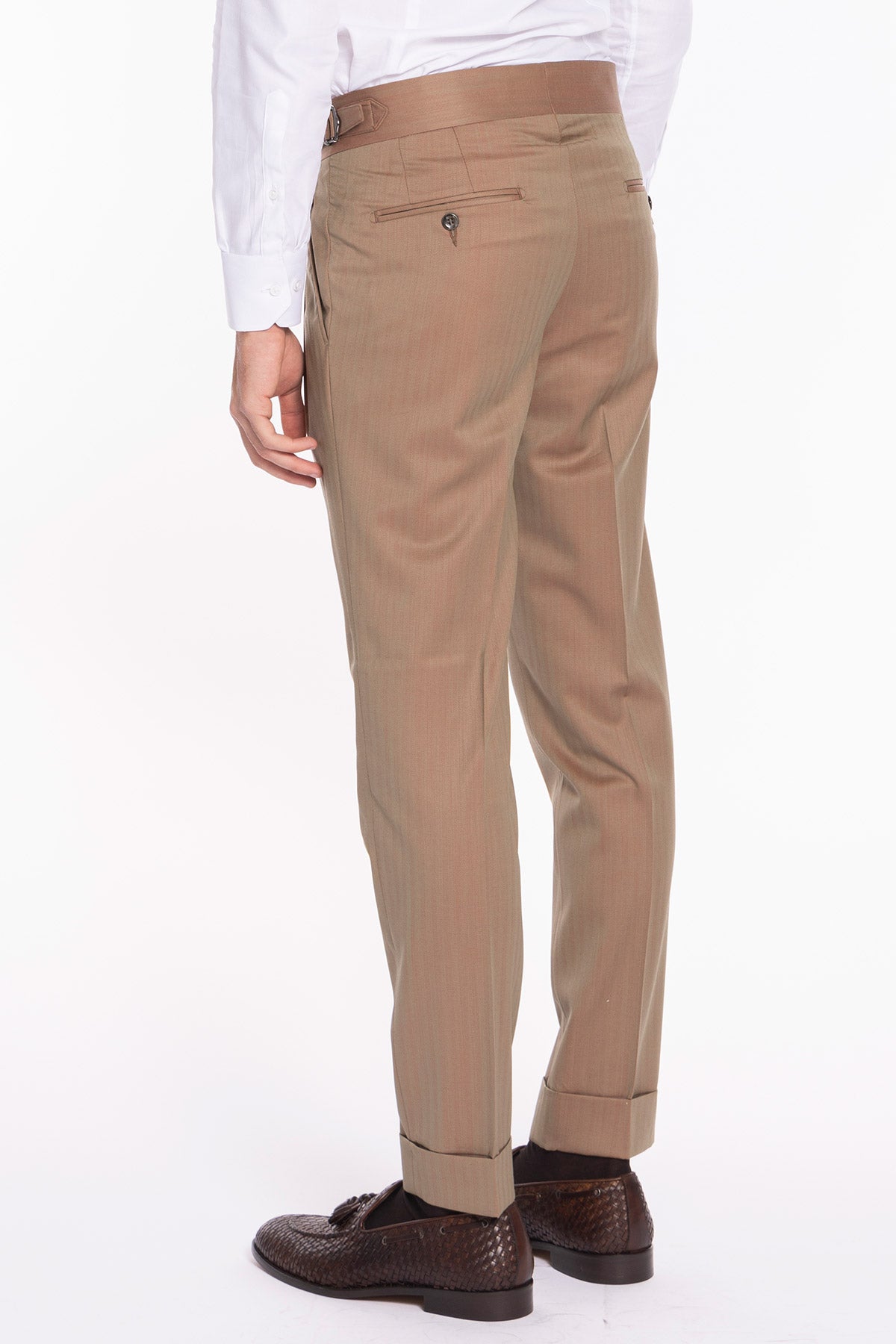 Pantalone uomo fango Solaro in fresco lana al 100% Bristol tessuti Napoli vita alta con fibbie laterali