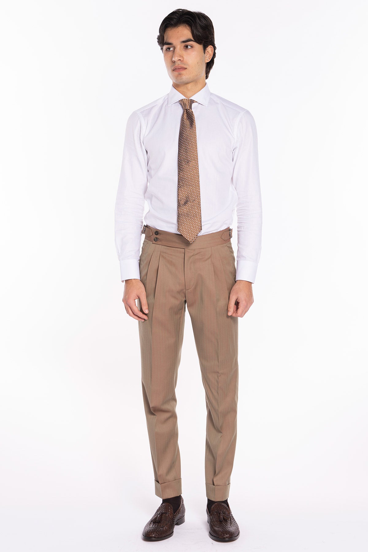 Pantalone uomo fango Solaro in fresco lana al 100% Bristol tessuti Napoli vita alta con fibbie laterali