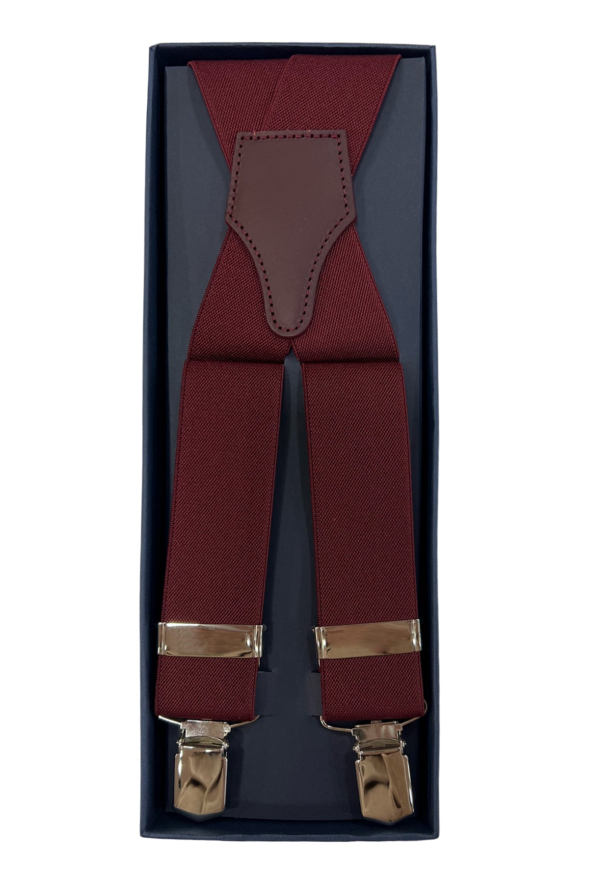 Bretelle da uomo Bordeaux tinta unita Elasticizzate 3,5 cm regolabili con chiusura pinze argento