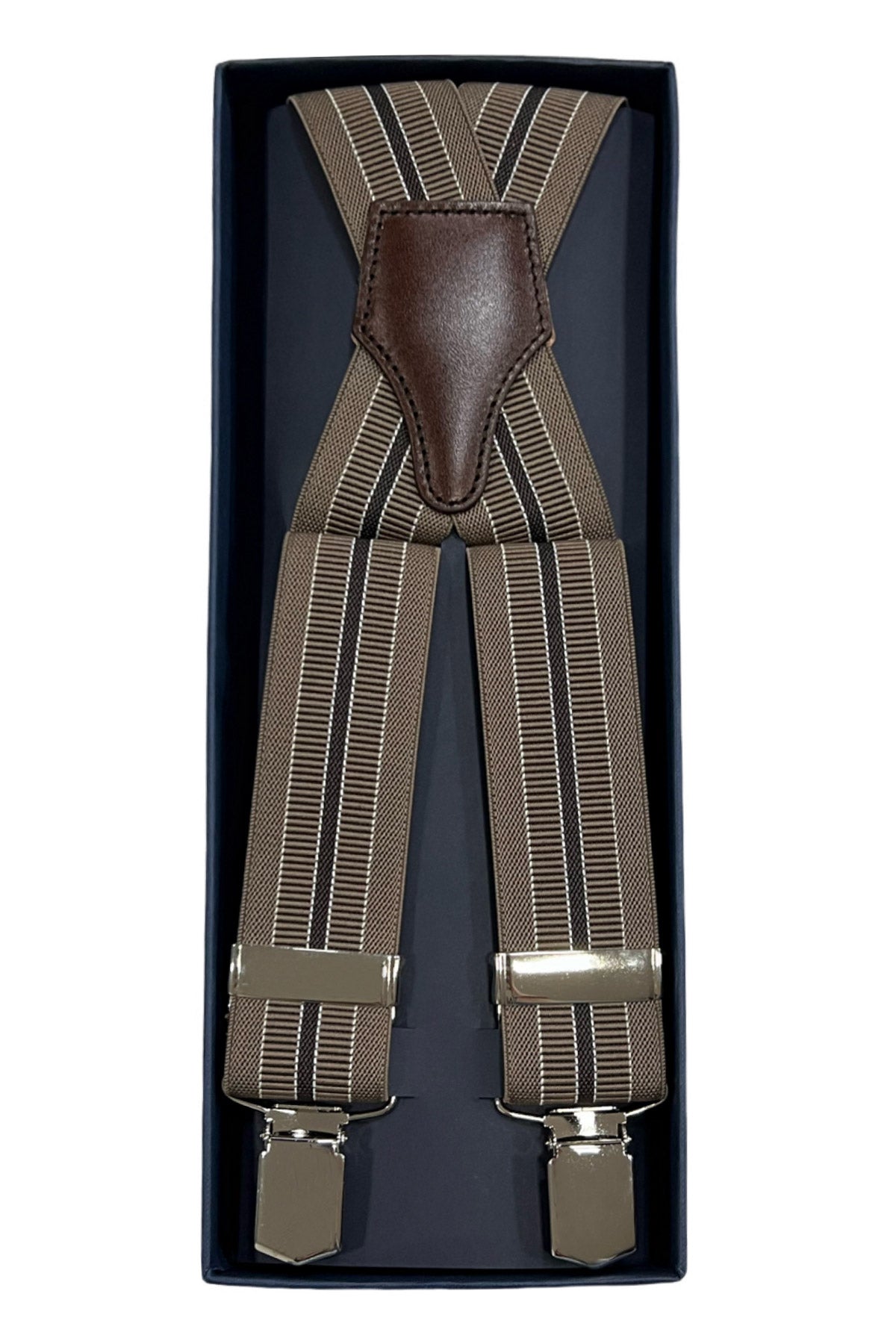 Bretelle da uomo fantasia riga fango marrone elasticizzate 3,5 cm regolabili con chiusura pinze argento