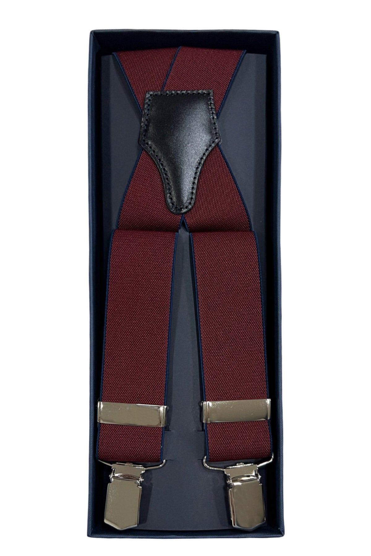Bretelle da uomo Bordeaux con profili blu  Elasticizzate 3,5 cm regolabili con chiusura pinze argento