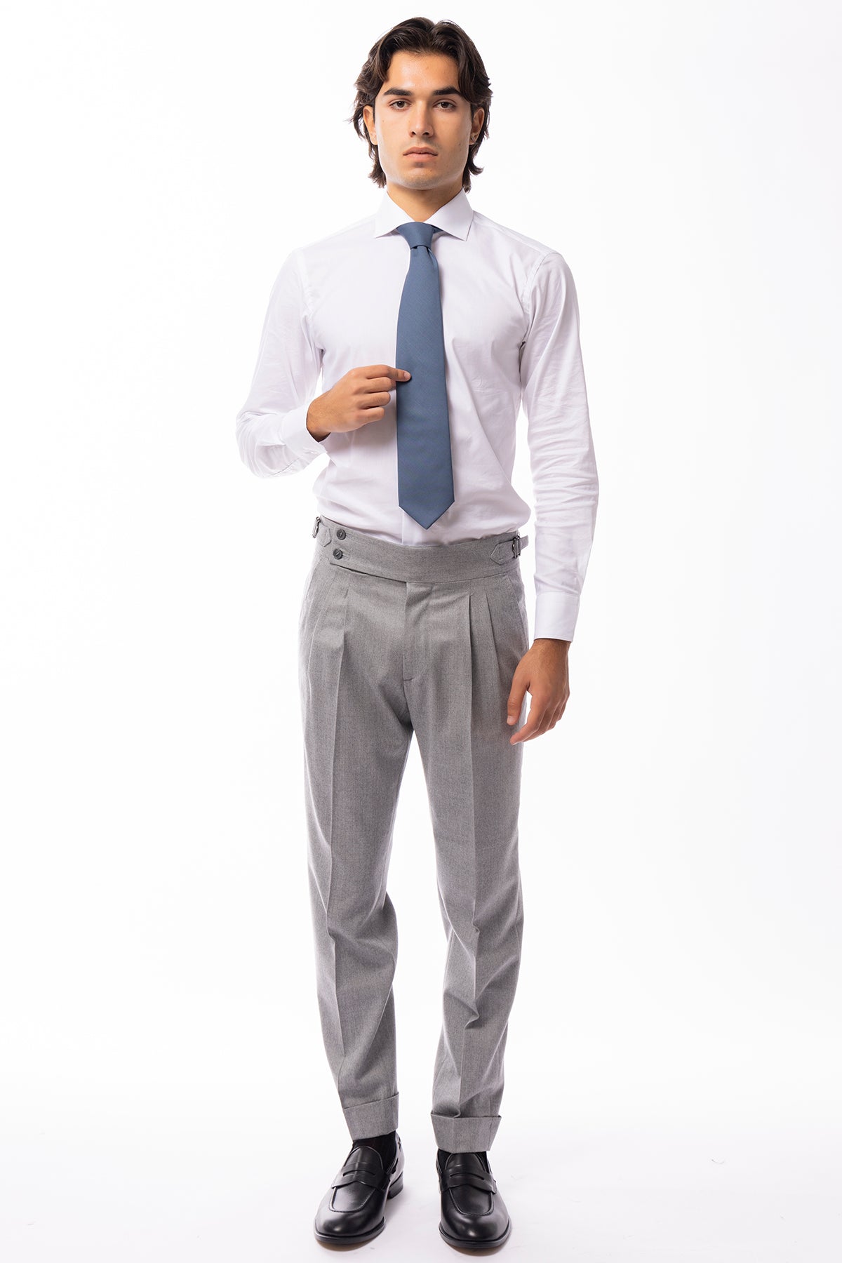 Pantalone uomo grigio chiaro vita alta con fibbie laterali in lana 100% Vitale Barberis Canonico tasca america risvolto 5cm