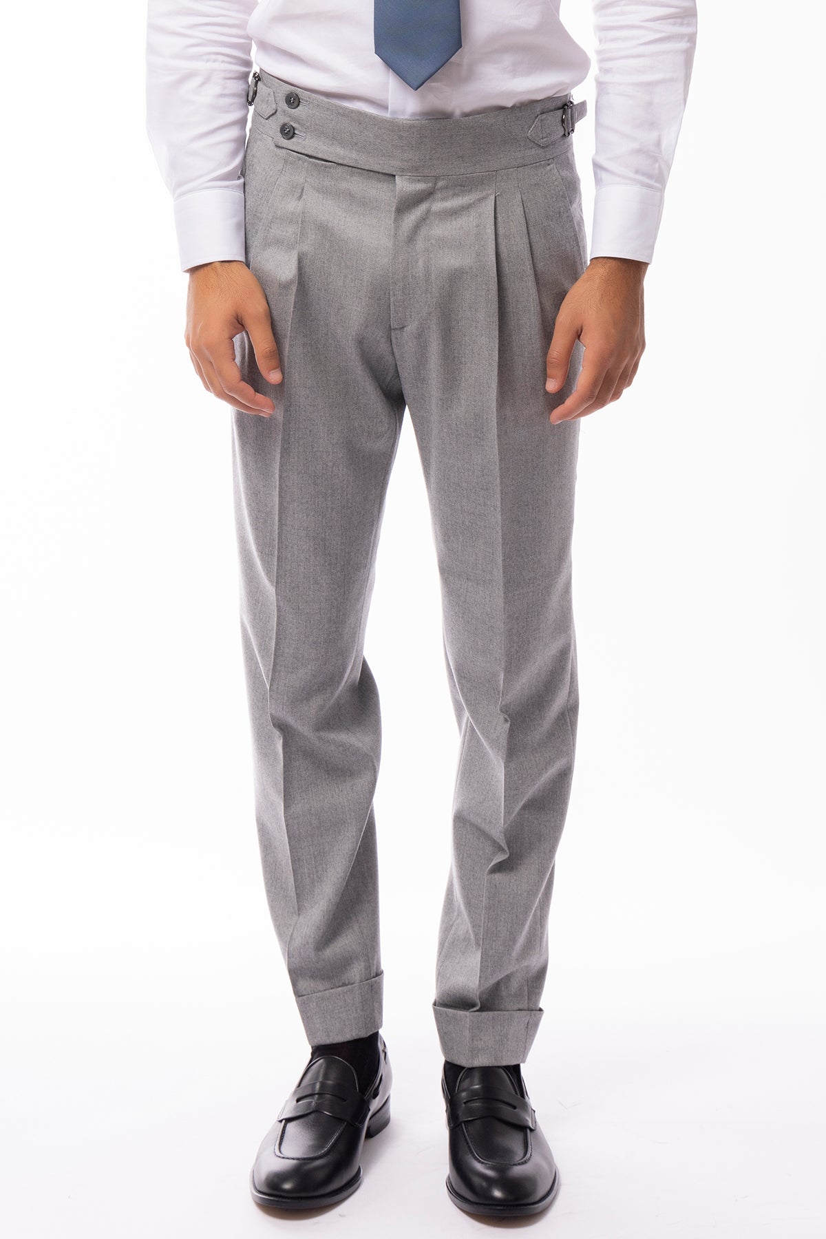 Pantalone uomo grigio chiaro vita alta con fibbie laterali in lana 100% Vitale Barberis Canonico tasca america risvolto 5cm