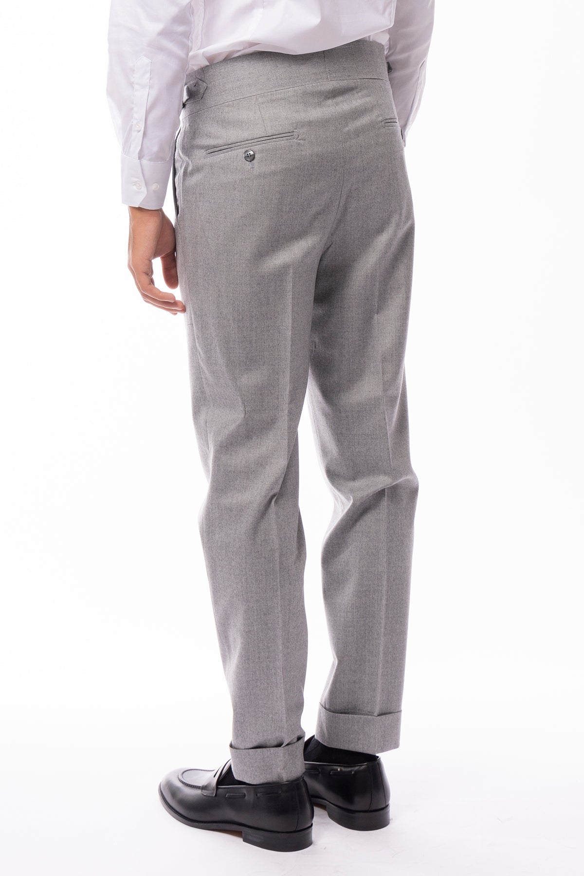 Pantalone uomo grigio chiaro vita alta con fibbie laterali in lana 100% Vitale Barberis Canonico tasca america risvolto 5cm